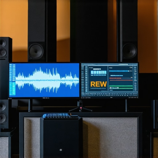 Advanced Home Theater Calibration Setup Professional audio calibration with REW software and acoustic treatments in a stylish home theater