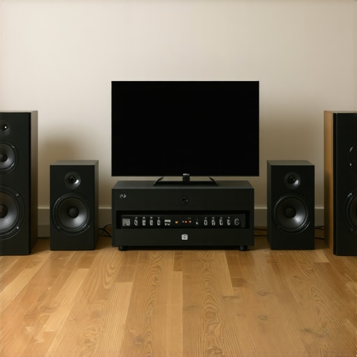 Close-up of a professional home audio system demonstrating advanced speaker placement and cable management.