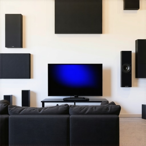 High-End Home Theater Setup with Media Hub and Speakers A sophisticated home theater with advanced media hub, surround speakers, and smart control panel