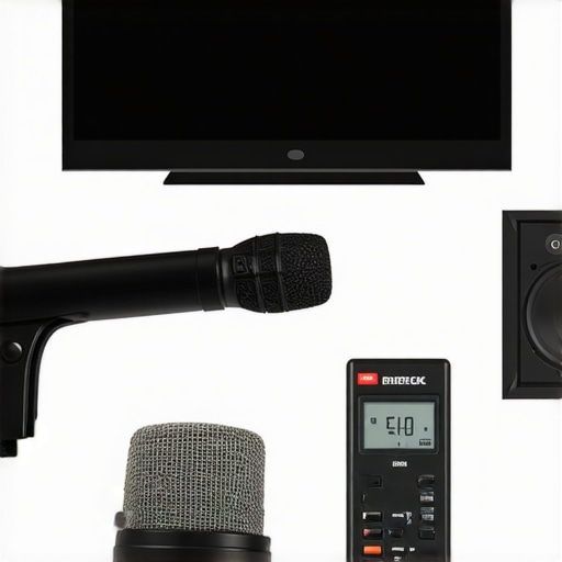 Home theater calibration setup with microphone and audio equipment