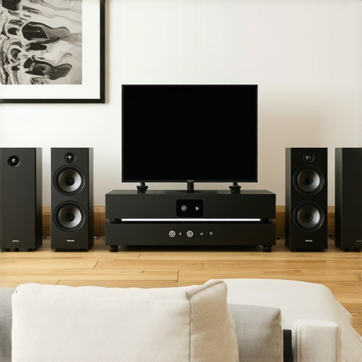 Optimal Home Audio Setup Modern home audio system with well-placed speakers and organized cables