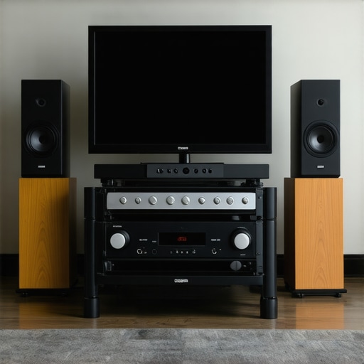 Modern living room with high-quality home audio system, power amps, and speakers