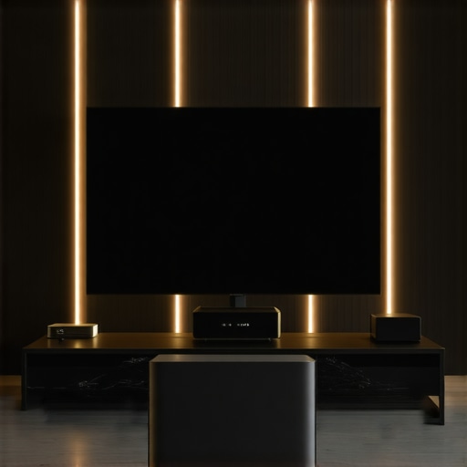 Sophisticated Home Theater System with Modular Components Modern home theater setup featuring modular power amp and media hub