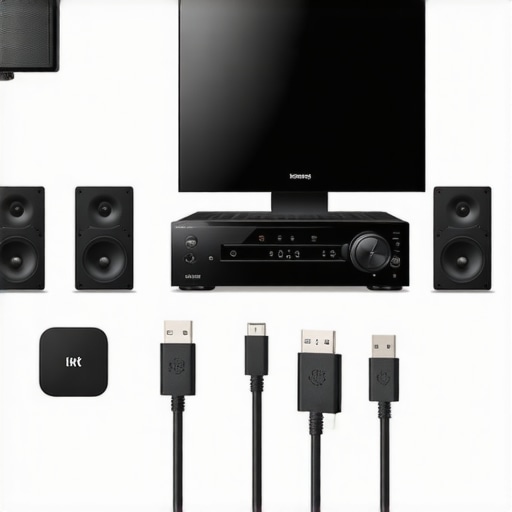 A sleek home theater setup with AV receiver, speakers, and media hub