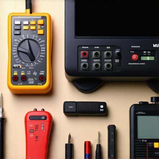 Professional home theater maintenance tools including multimeter, calibration devices, and network analyzer.
