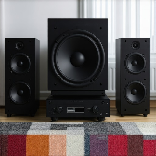 Modern home theater speakers with amplifier in a living room
