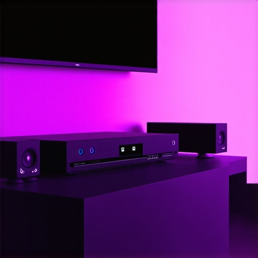 Home theater system with media hub and power amplifier arranged neatly