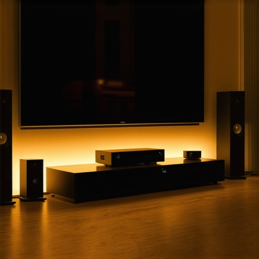 A sleek, modern home theater with media hub and surround sound speakers