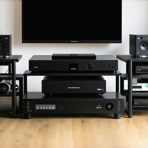 A stylish home theater setup with AV receiver and media hub, highlighting connectivity and organization.