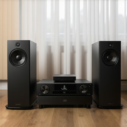 Modern home audio setup with organized cables and speakers in a living room