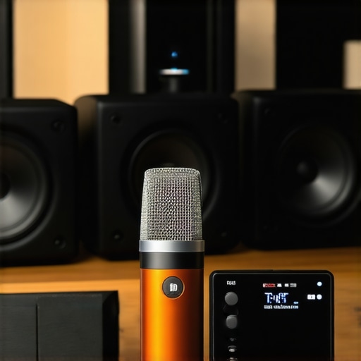 Person calibrating surround sound speakers using a microphone and receiver