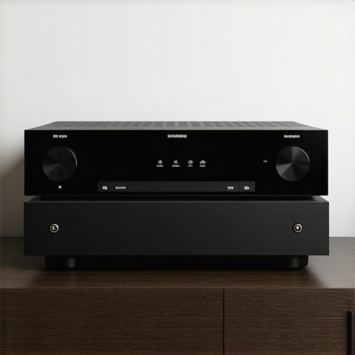 A detailed image of high-end AV receiver, speaker cables, and media hub arranged on a modern entertainment stand.