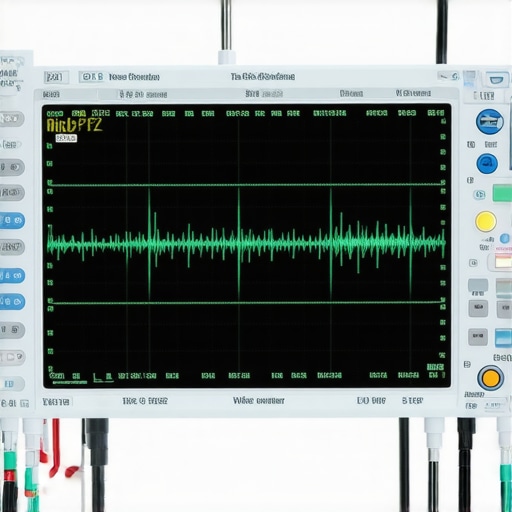 A technician inspecting audio signals on a digital oscilloscope in a home audio setup