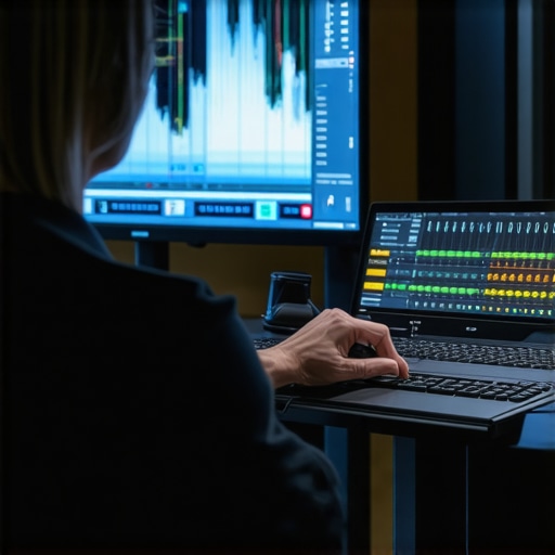 Technician using calibration software for home theater audio setup