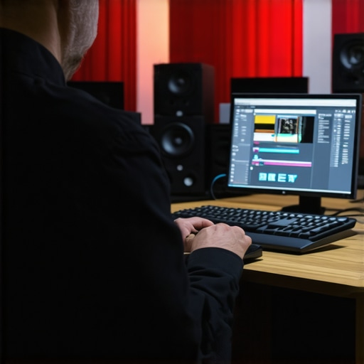 Audio technician calibrating equipment with software