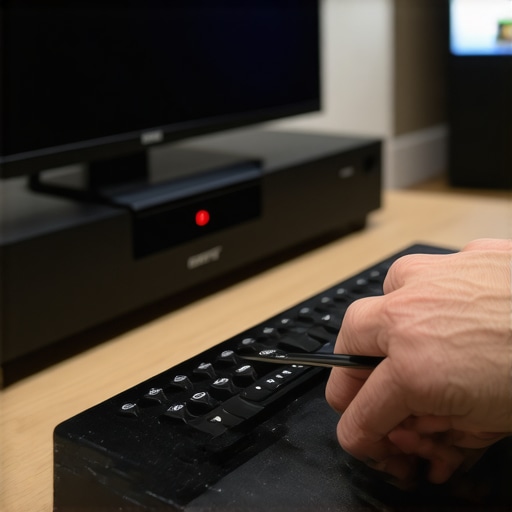 Technician using calibration tools on home theater system.