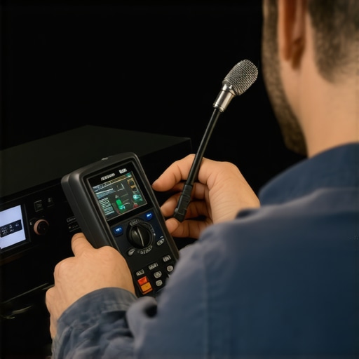 Expert tools for AV system maintenance Technician measuring and calibrating audio equipment with professional tools.