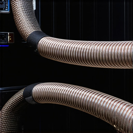 Close-up of thick 12-gauge speaker cables plugged into a professional audio power amplifier.
