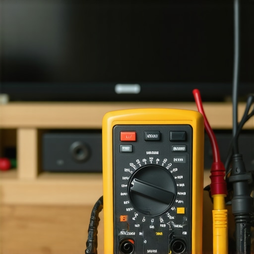 Person testing speaker cables with a digital multimeter in a home theater