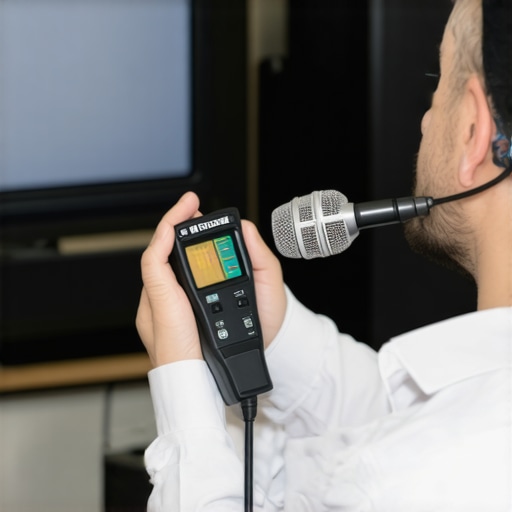 Technician calibrating a home theater system using a sound level meter and calibration microphone.