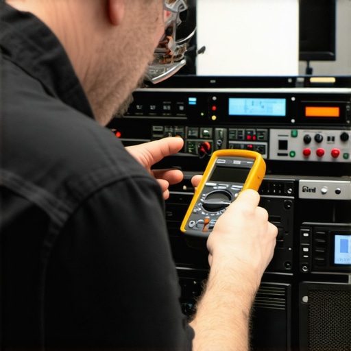 Home Theater Maintenance Tools Technician inspecting and calibrating audio and video equipment with multimeter and analyzer.