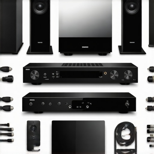 A sleek home audio system showing speakers, media hub, and cables arranged for optimal sound quality.