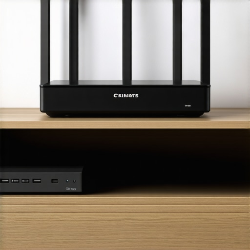 A modern Wi-Fi router with multiple antennas positioned on a high shelf in a living room, with a media hub nearby, and signal strength indicators showing strong connection.