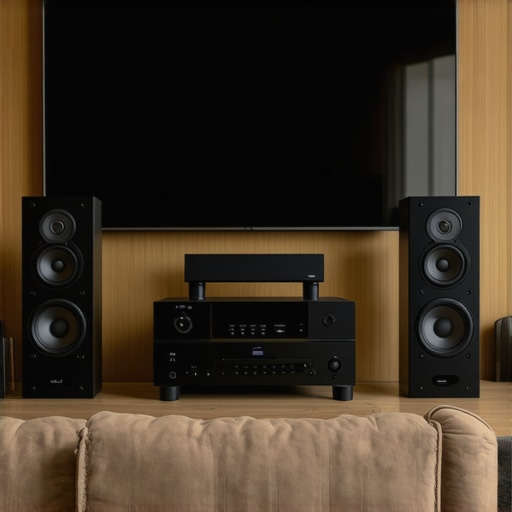 A detailed view of a well-calibrated home theater with proper wiring and speaker placement