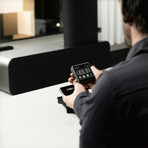 Someone using a sound level meter to calibrate speakers for optimal sound quality