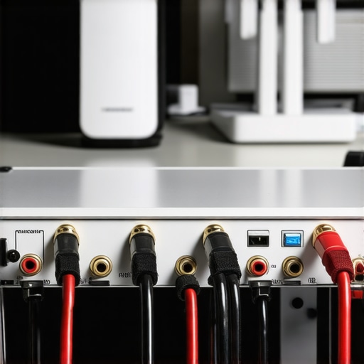 Close-up of shielded speaker cables with Wi-Fi devices in background