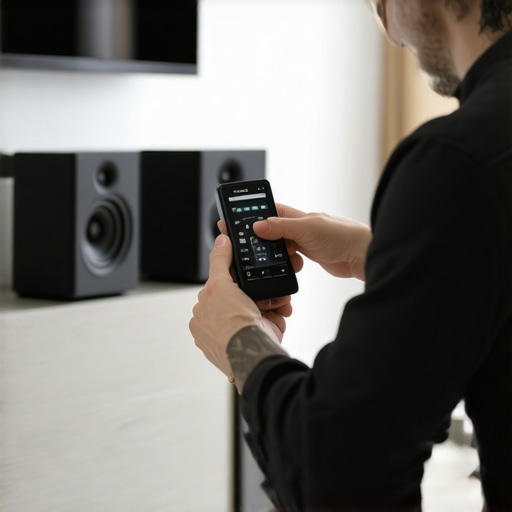 Technician using a professional sound meter to calibrate home theater speakers