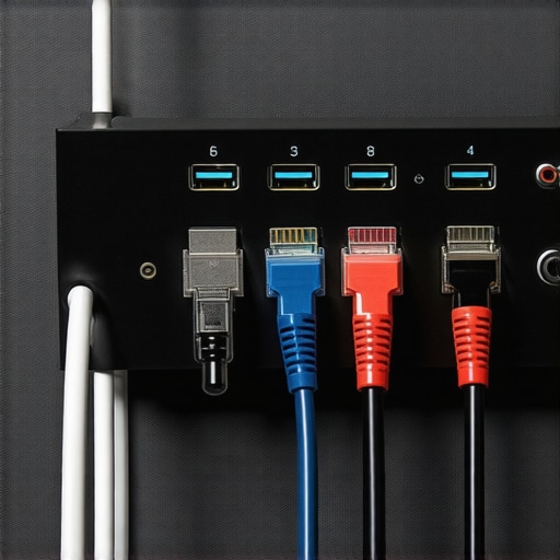 Close-up of Ethernet cables connected to a media hub in a high-end home theater.