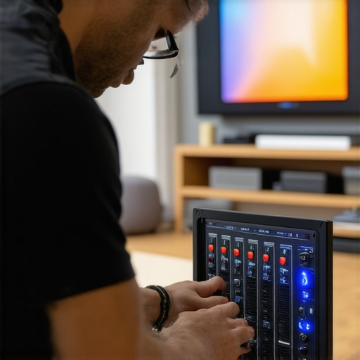Technician adjusting home theater settings with calibration tools