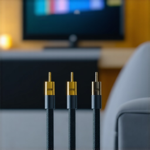 Close-up image of premium speaker cables demonstrating shielding and gauge features in a home theater setting