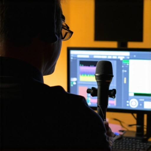 Technician adjusting audio calibration using REW software and measurement microphone in a dedicated room.