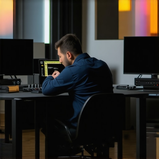 Technician using measurement tools to calibrate home theater system