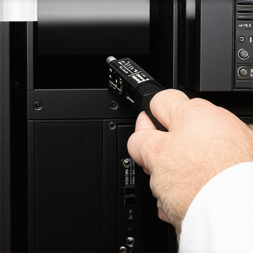 Technician calibrating high-end home AV equipment with specialized tools