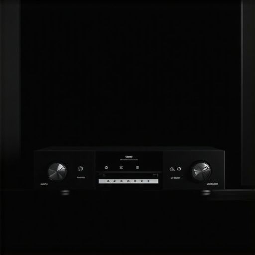 A modern home theater system with external power amplifier, AV receiver, and large speakers in a stylish media room.