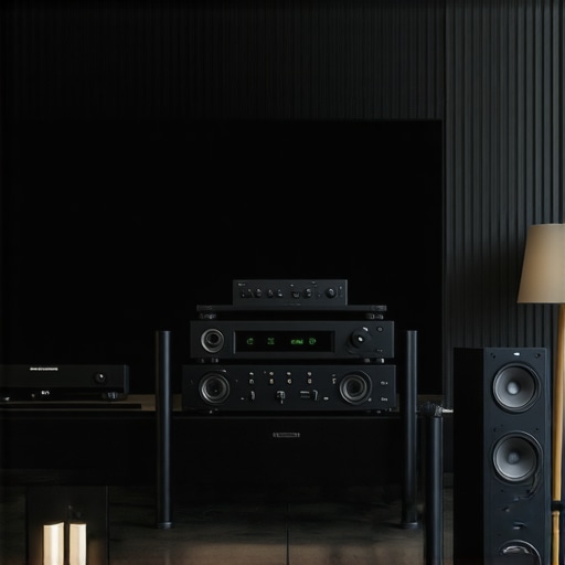A sophisticated home theater with power amps, AV receiver, and speakers arranged for optimal sound