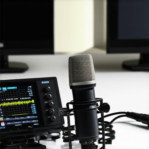 Technician calibrating home theater audio system with microphone and measurement tools