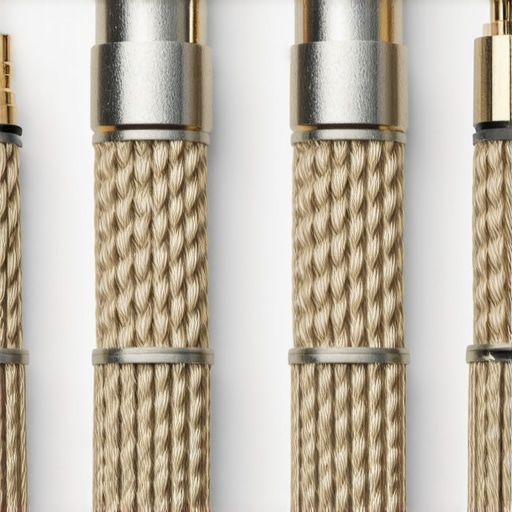 Close-up of braided shielded speaker cables with connectors.