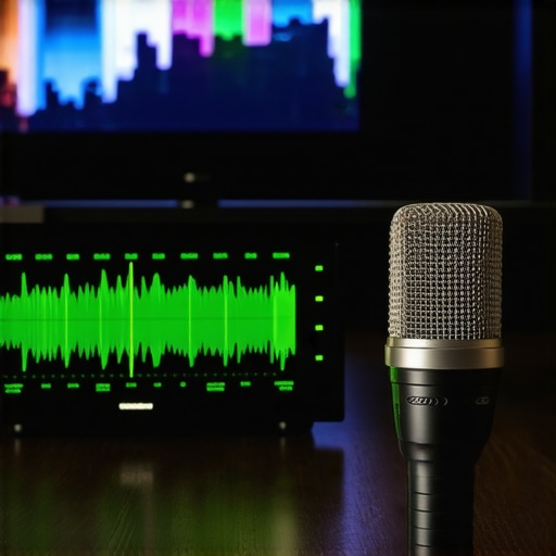 Spectrum analyzer and calibrated microphone used for audio system calibration in a home setup.