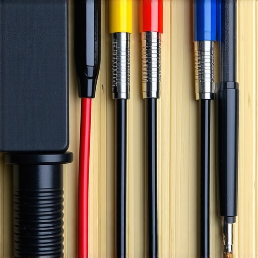 Technician calibrating a home theater system with measurement equipment and cables