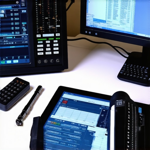 Technician using audio measurement tools for home theater calibration