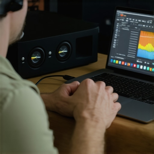 A person calibrating a home theater system using specialized software and hardware tools to ensure optimal audio performance