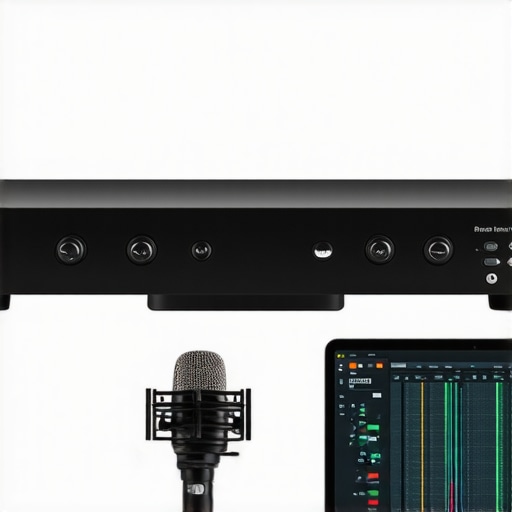 Measurement microphone connected to a computer running calibration software for home theater audio