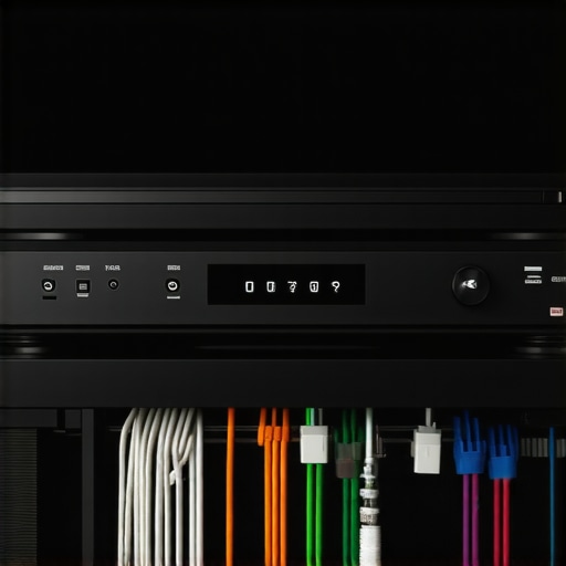Modern home theater with neatly arranged cables, media hub, and AV receiver demonstrating high-speed content handling.