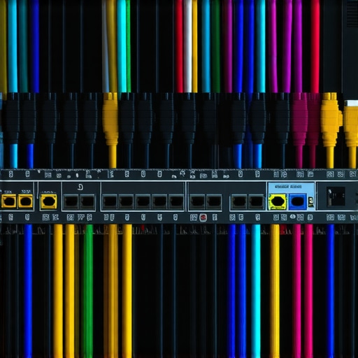 Close-up of a media hub with neatly arranged cables and networking devices