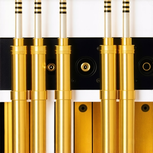 Close-up of gold-plated banana plugs connected to high-end speaker cables in a home theater setup