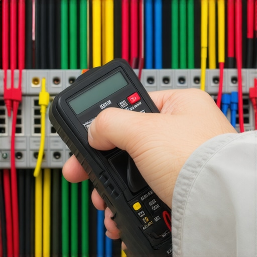 Technician testing AV cables with a multimeter to ensure optimal connection quality.